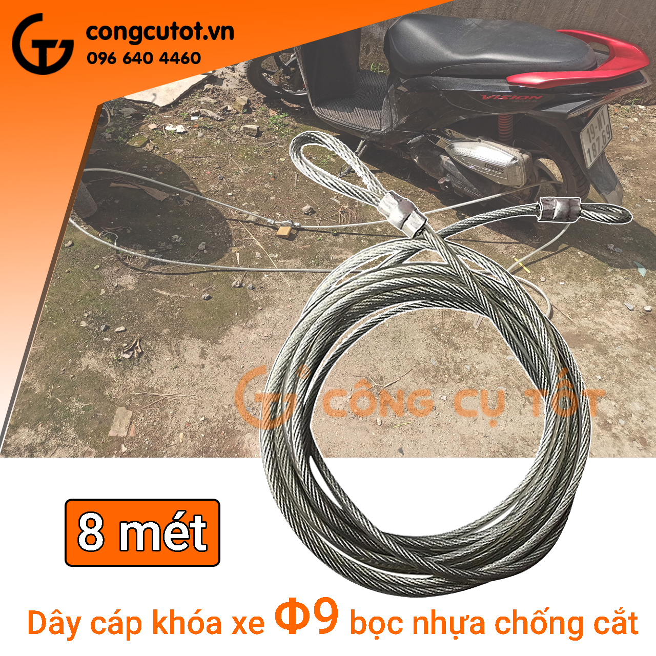 Dây cáp khóa xe máy, xe đạp chống cắt bọc nhựa lõi 9 ly dài 3m, 5m, 8m