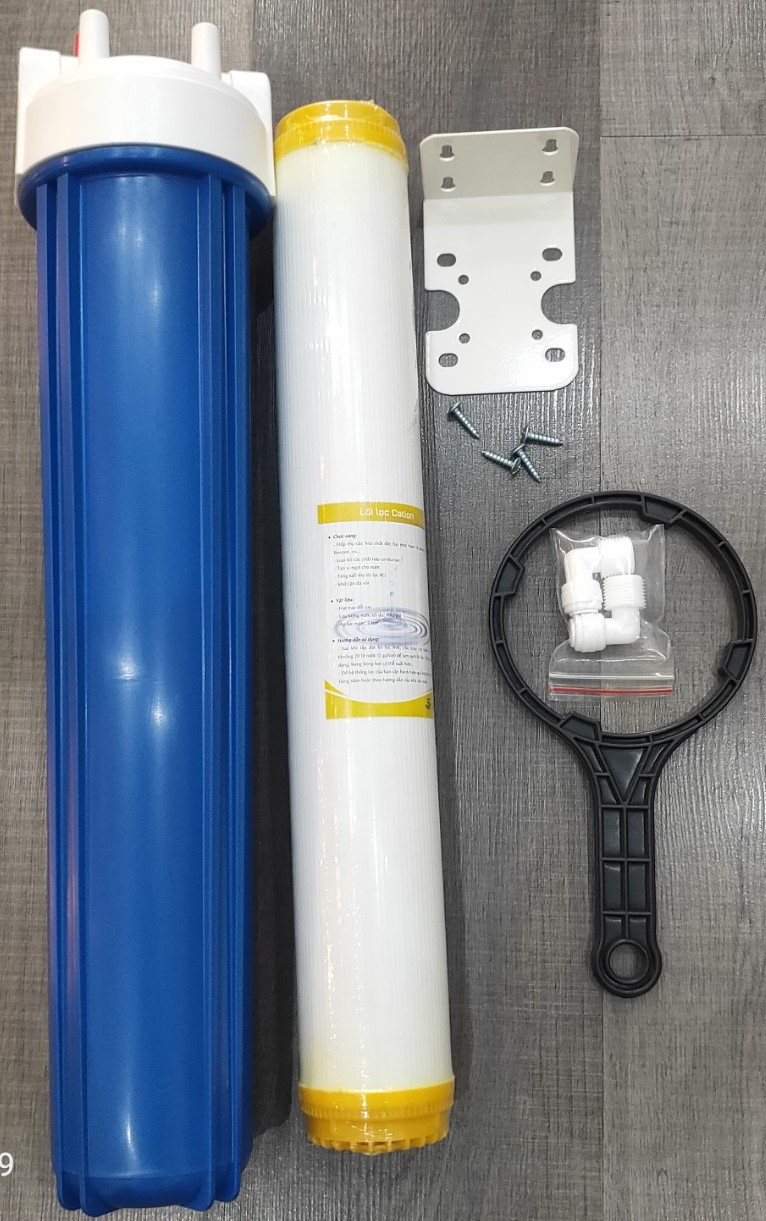 Bộ cốc lọc xanh 20inch kèm lõi cation, cốc lọc 20 inch, bộ lọc dùng cho nước giếng khoan