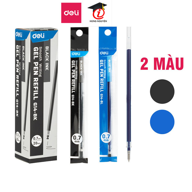 Ruột bút gel Deli 0.7mm mực xanh, đen trơn đều, nhanh khô G14