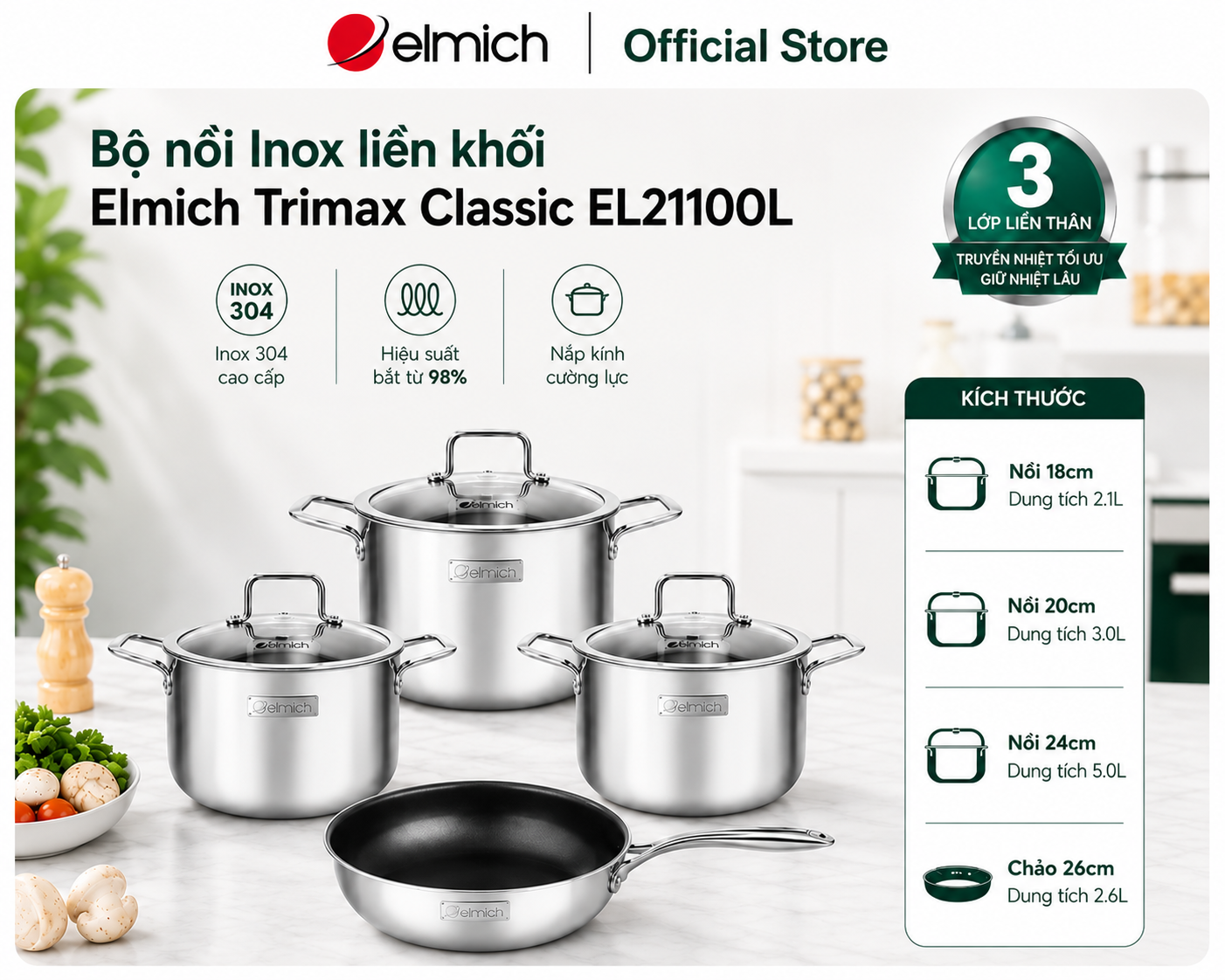 (Chỉ 25-29.07)Bộ nồi Inox dập nguyên khối Elmich Trimax Classic EL-2110OL Size 18, 20, 24, chảo 26cm