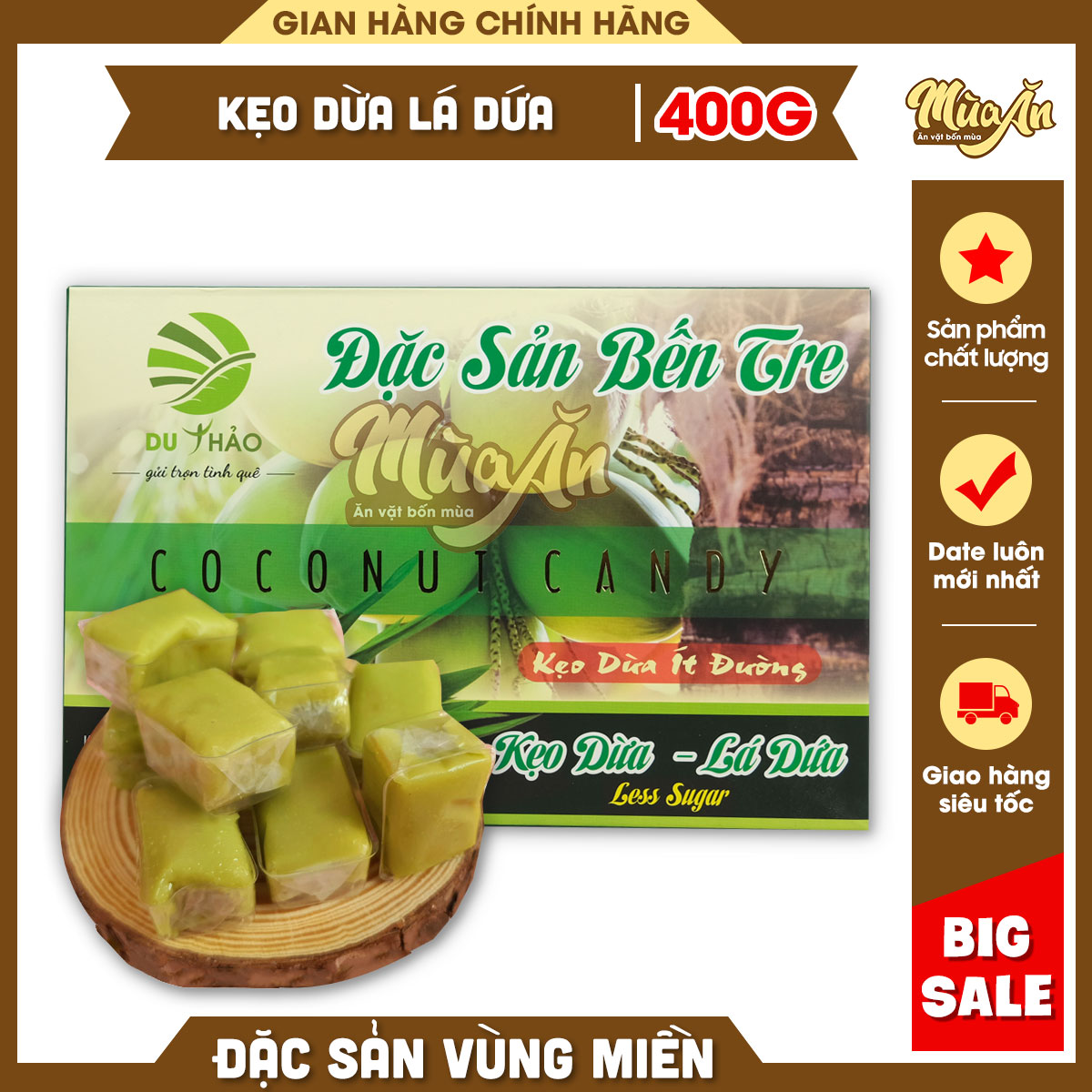 Kẹo dừa lá dứa bến tre 400g, kẹo dừa bến tre siêu mềm, thơm béo, ít ngọt du thảo 400g