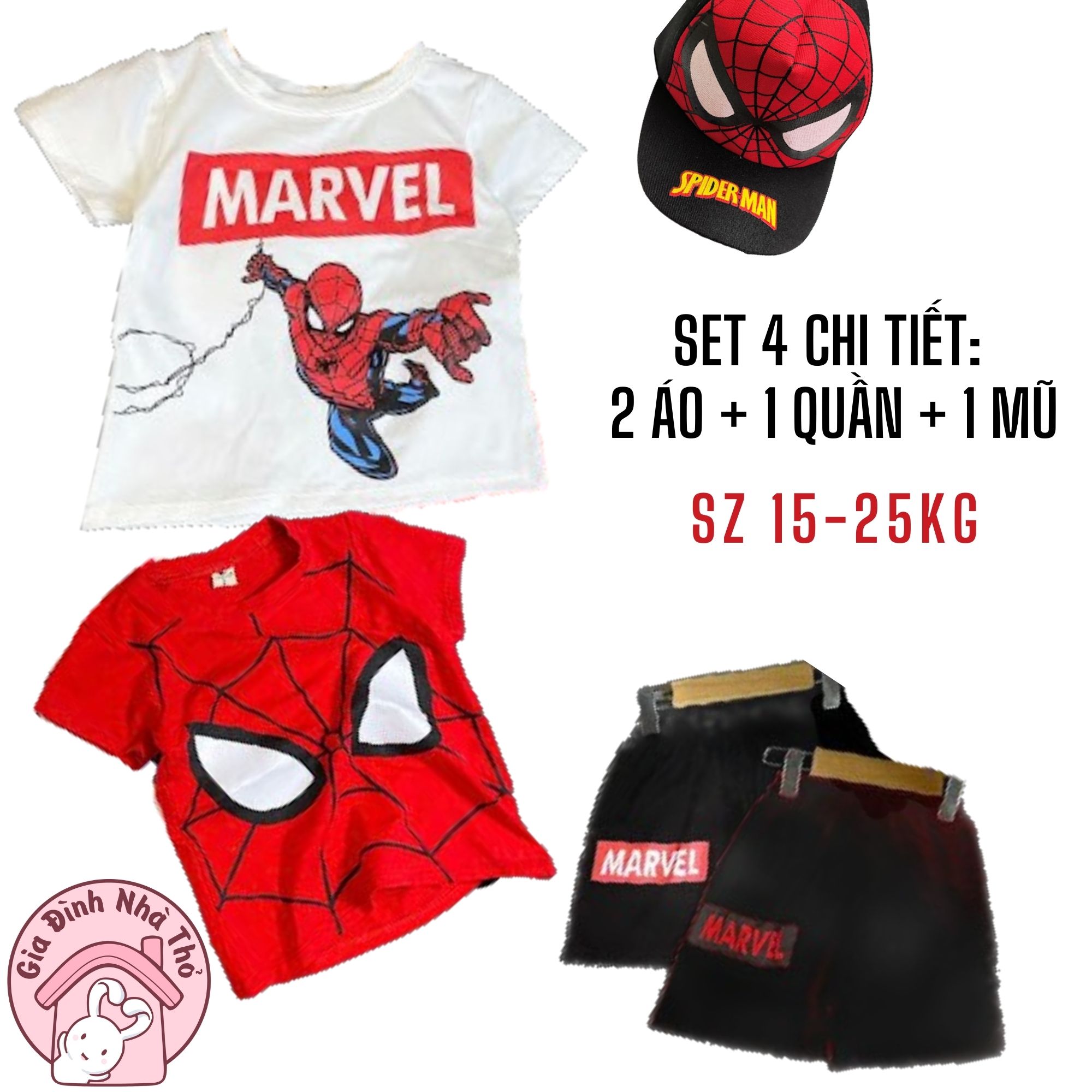 (15-25kg) Set 4 chi tiết bộ cotton siêu nhân người nhện áo thun quần đùi kèm mũ thể thao cá tính cho bé trai ở nhà đi chơi đi học