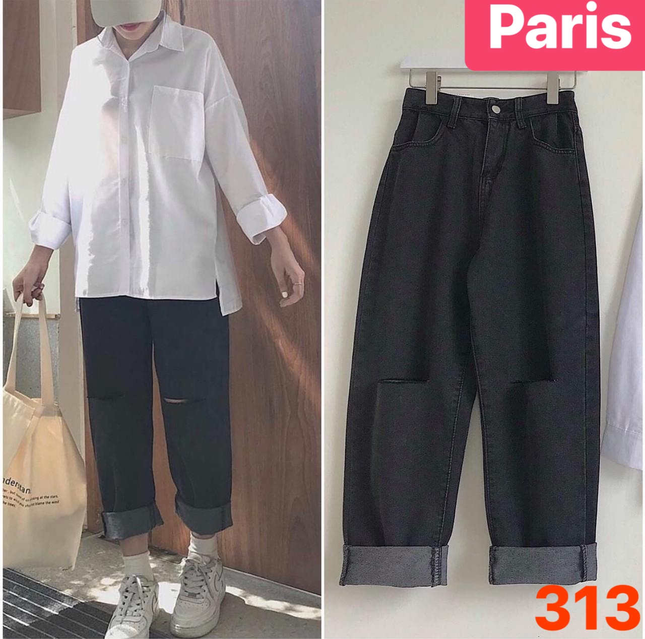 QUẦN BAGGY JEAN NỮ CHẤT BÒ ĐEN RÁCH GỐI ỐNG RỘNG LƯNG CAO NÂNG MÔNG HÀN QUỐC ULZZANG PR-313 CAO CẤP - PARIS FASHION