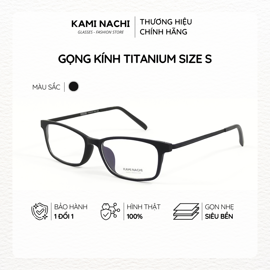 Gọng kính Titanium đen nhám dáng vuông thanh mảnh KAMI NACHI phong cách tối giản vuông Size S