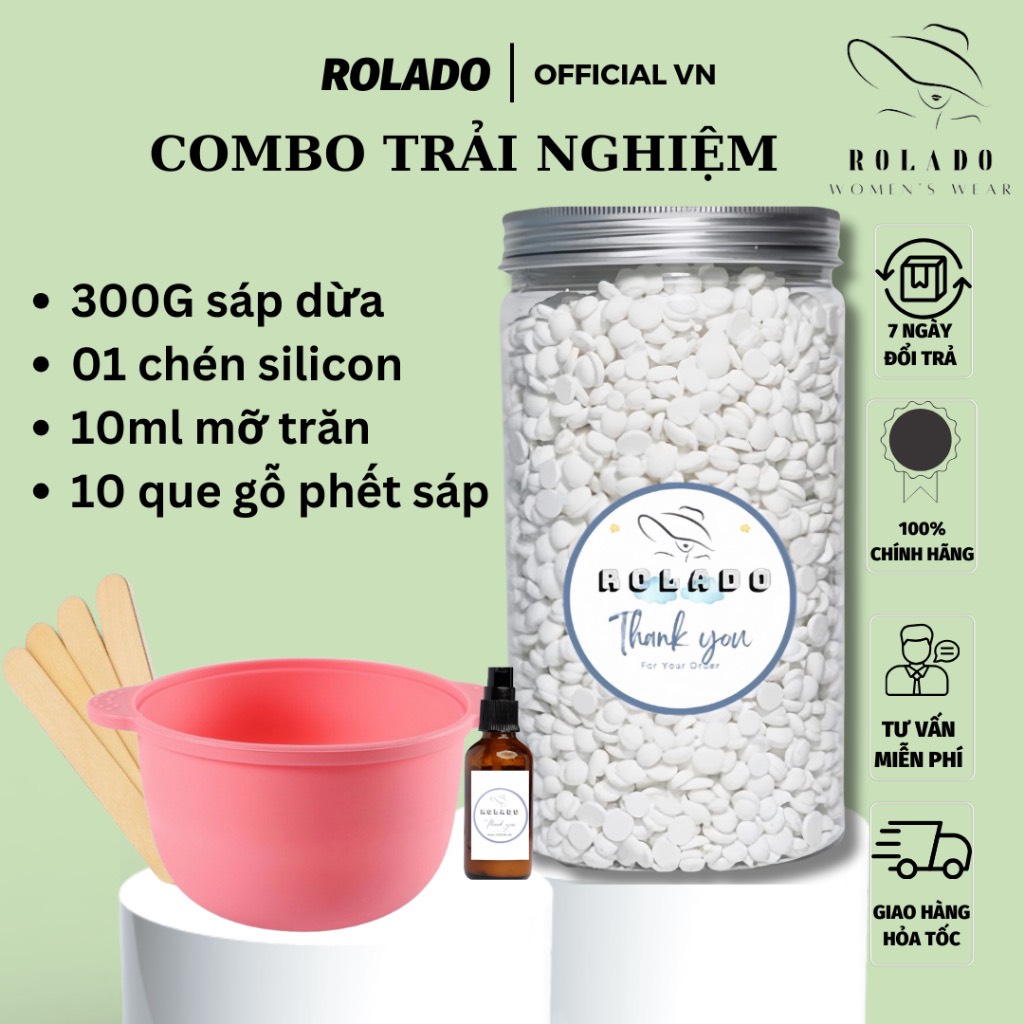 Combo 300g sáp wax lông sữa dừa, chén nấu silicon, mỡ trăn,que phết DOLARO tẩy lông an toàn, hiệu quả tại nhà