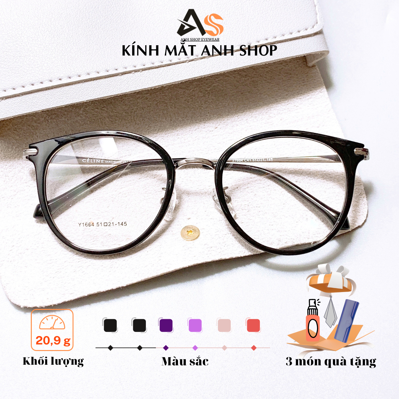 [3-5/8 Hoàn Tiền 25%] Gọng kính tròn cao cấp thời trang nhựa dẻo kết hợp kim loại 1664A