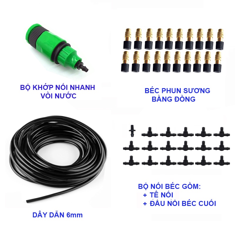 Bộ KIT phun sương tưới cây gồm 20 béc bằng đồng kèm T6mm, 20m dây cút nối đầy đủ- Tưới lan làm mát không khí