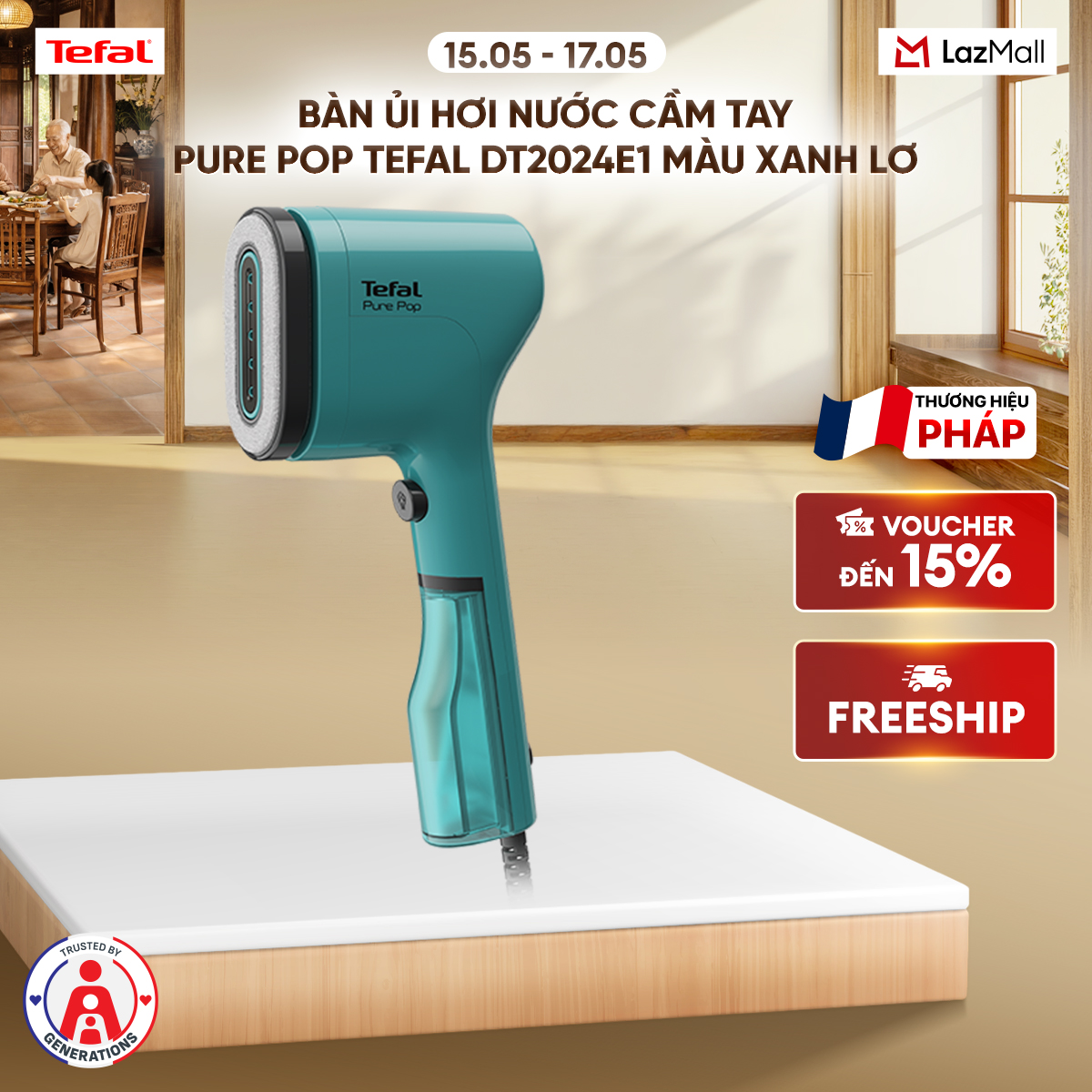 Bàn ủi hơi nước cầm tay Pure Pop Tefal DT2024E1 màu xanh lơ