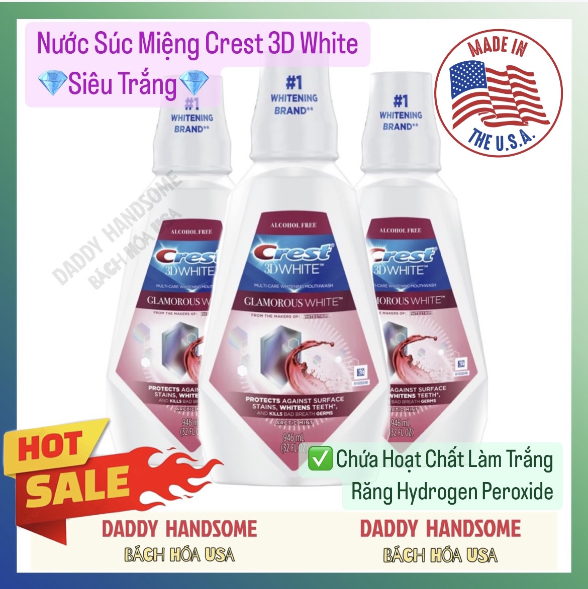 Nước Súc Miệng Crest 3D White Siêu Trắng Răng Glamorous White Chính Hãng Mỹ 946ml