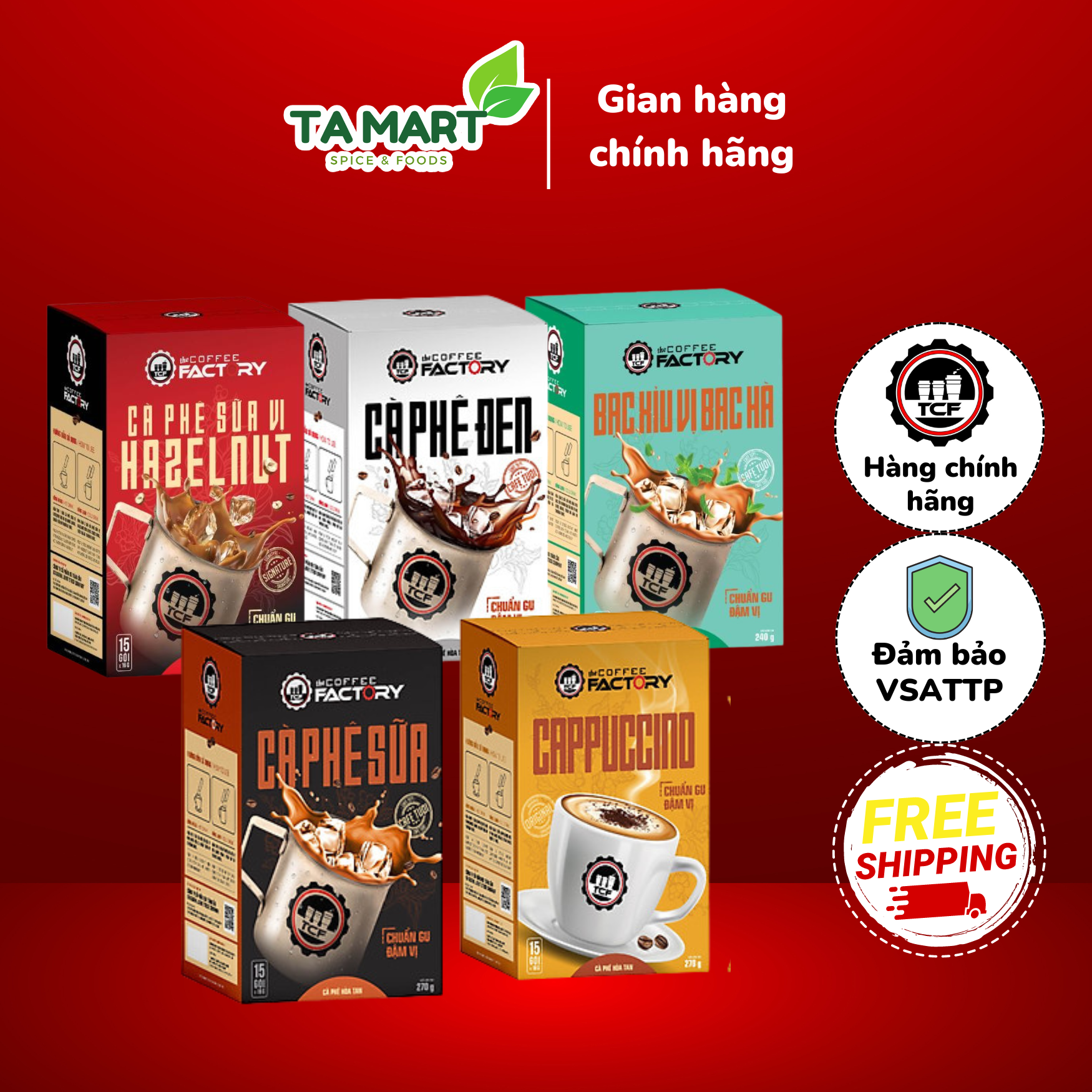 Cà phê hòa tan The Coffee Factory Hộp 15 gói x 16g - Vị Hazelnut, Bạc xỉu vị Bạc Hà, cappuccino