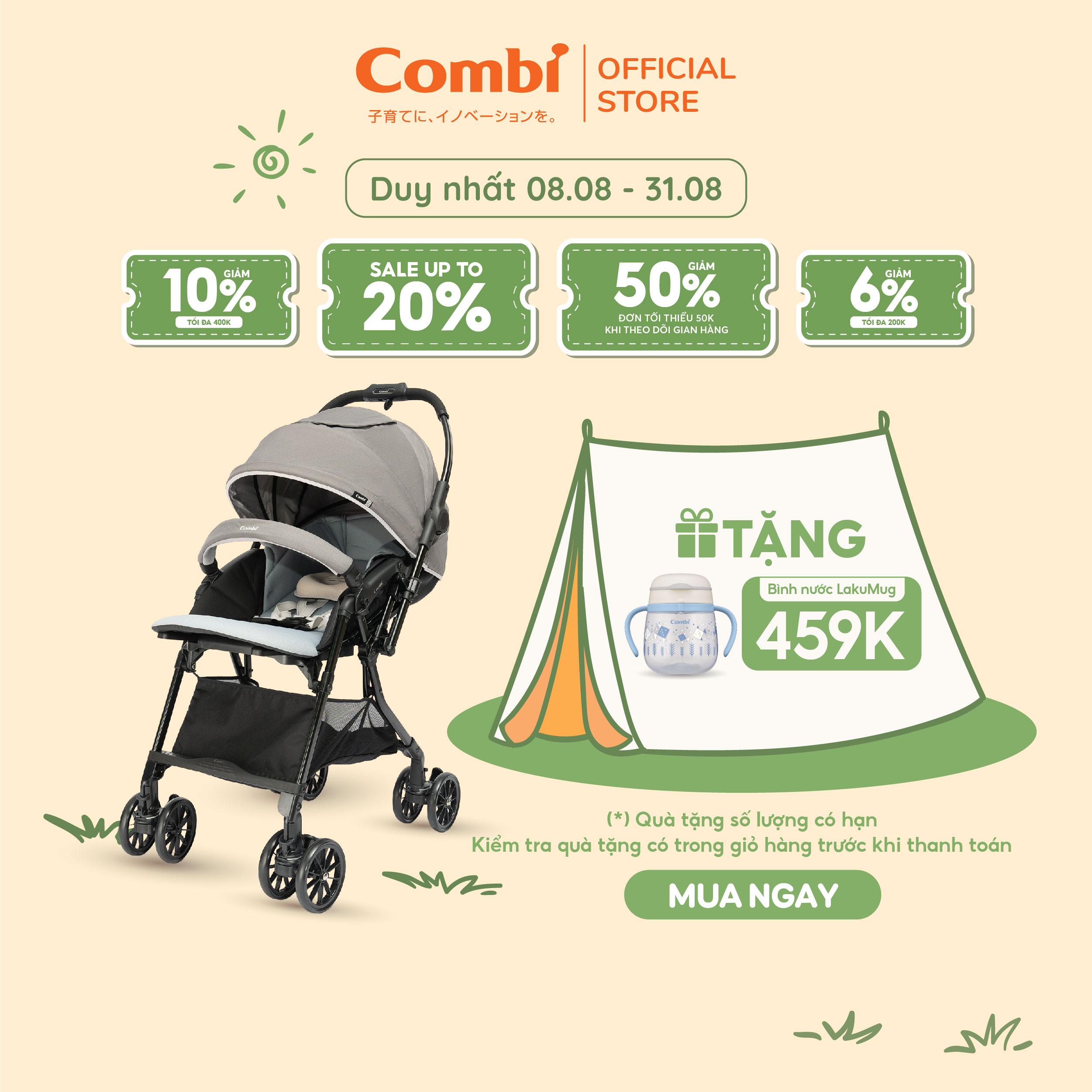 Xe đẩy combi handy 4cas compact - đảo chiều tay cầm - màu ghi