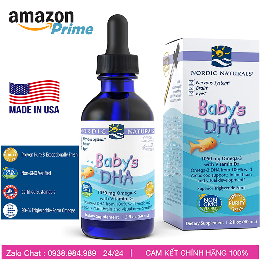 [HCM]Nordic Naturals DHA drop cho bé Baby’s DHA 1050mg Omega 3300 IUVitamin D3, baby DHA Tốt Trí Não Thị giácThông Minh 60mlUSA