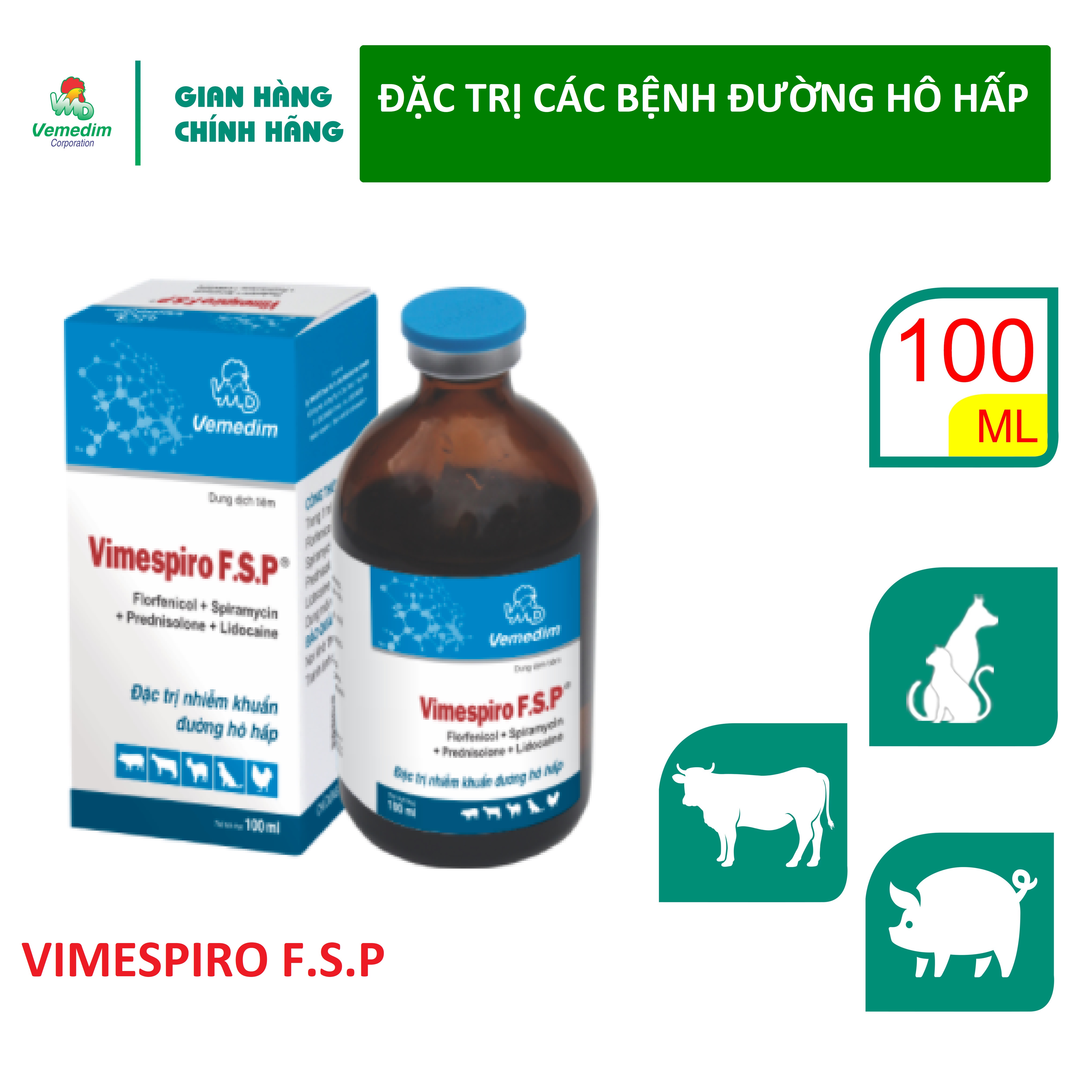 "Hoàn tiền đến 10%" Vemedim Vimespiro F.S.P dùng cho chó, mèo, gia súc và gia cầm nhiễm khuẩn hô hấp, chai 100ml