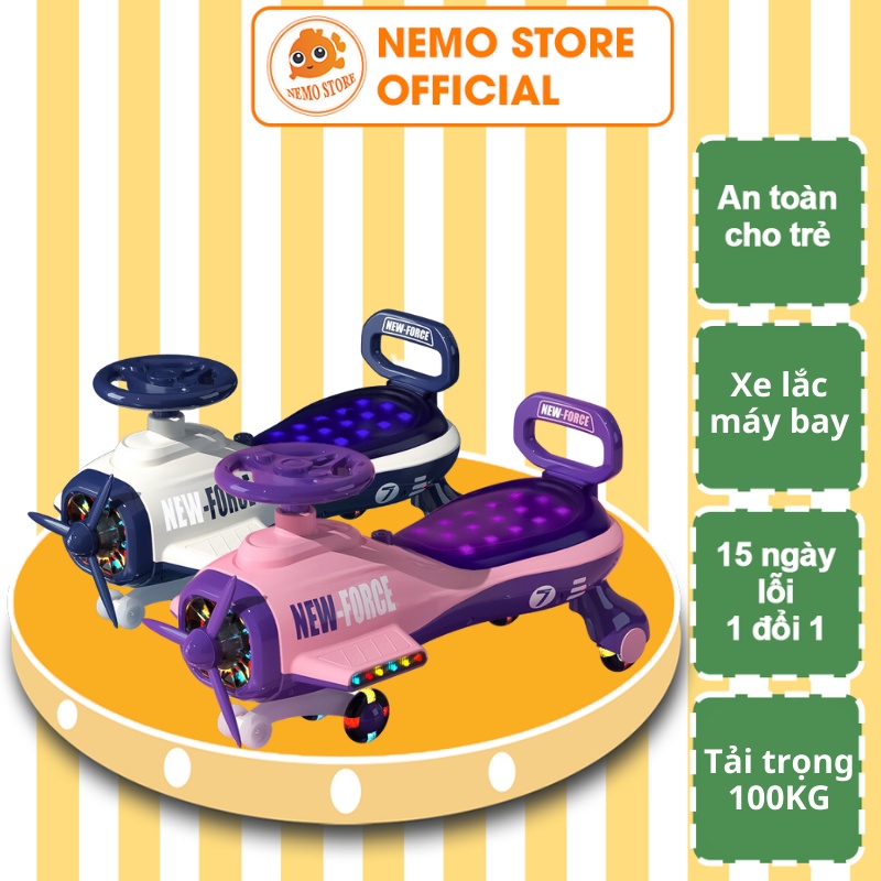 Xe lắc chòi chân hình máy bay cỡ đại có nhạc, đèn, tựa lưng cao cấp cho bé từ 1 - 6 tuổi