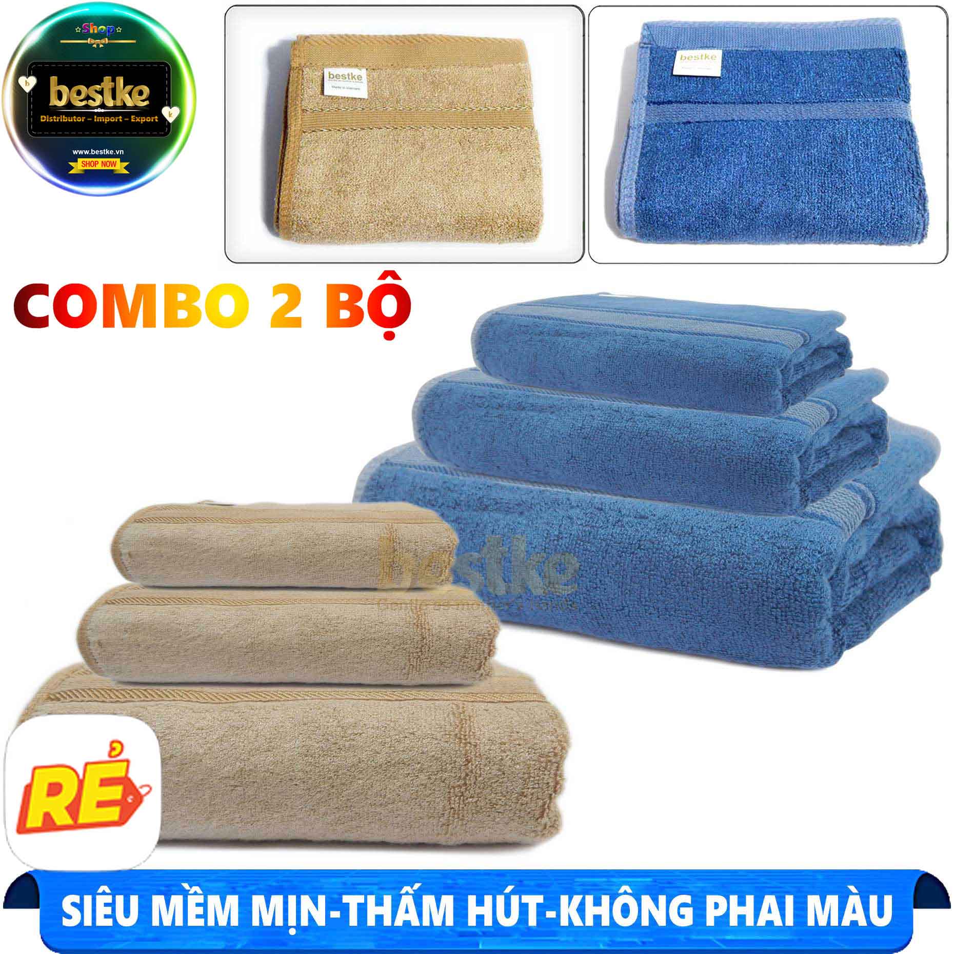 COMBO 2 BỘ = 6 Khăn sợi tre bestke cao cấp , màu xanh và nâu , khăn đẹp như mô tả , sản xuất khăn , bestke