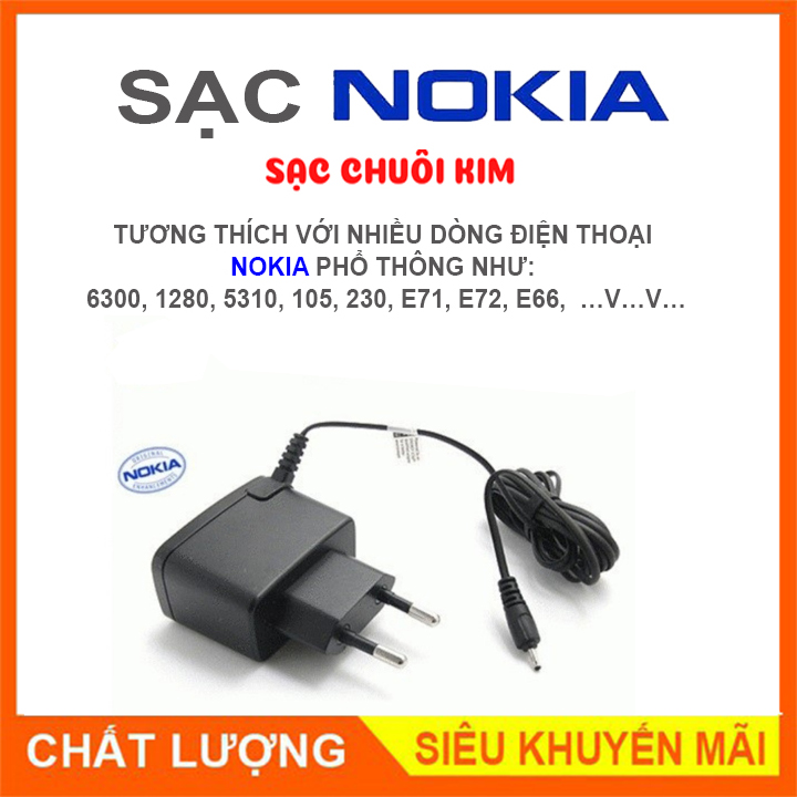 Cục sạc nokia chân kim, sạc chuôi nhỏ dùng cho nokia 1110i, 1202, 1280, 1200, 6300, 2700, e71, e72,…