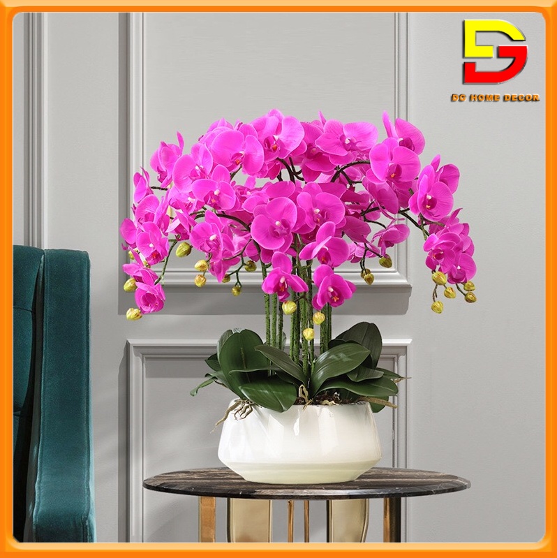 Bình hoa lan hồ điệp cao su y thật hoa giả để bàn cao 60cm trang trí phòng khách quầy lễ tân dg-115