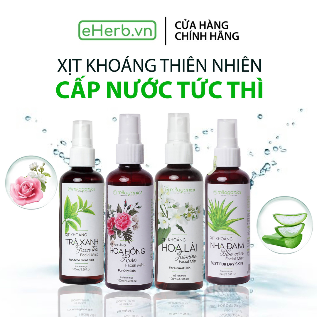 Xịt khoáng dưỡng ẩm cho da mặt dịu nhẹ chiết xuất nha đam hoa lài trà xanh hoa hồng Milaganics xịt khoáng cấp ẩm tránh khô da cao cấp chính hãng 100ml ( chai ) - Eherb