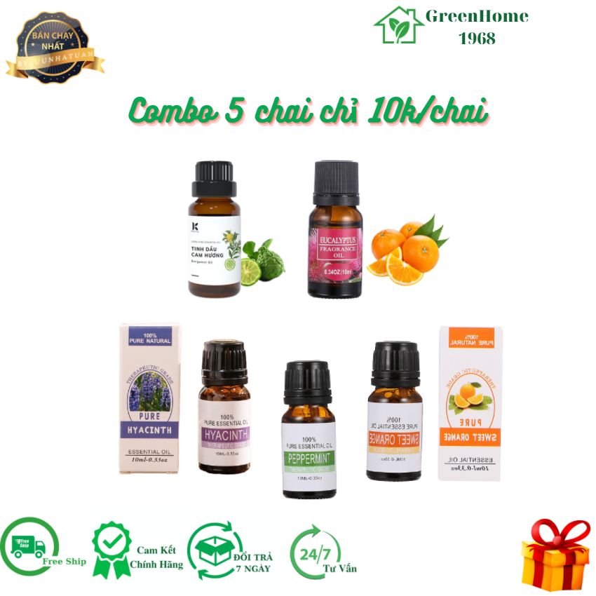 Combo 5 chai tinh dầu thơm Green Home tinh dầu thiên nhiên tinh dầu chanh xả thơm phòng ngủ dùng được cho cả máy xông tinh dầu