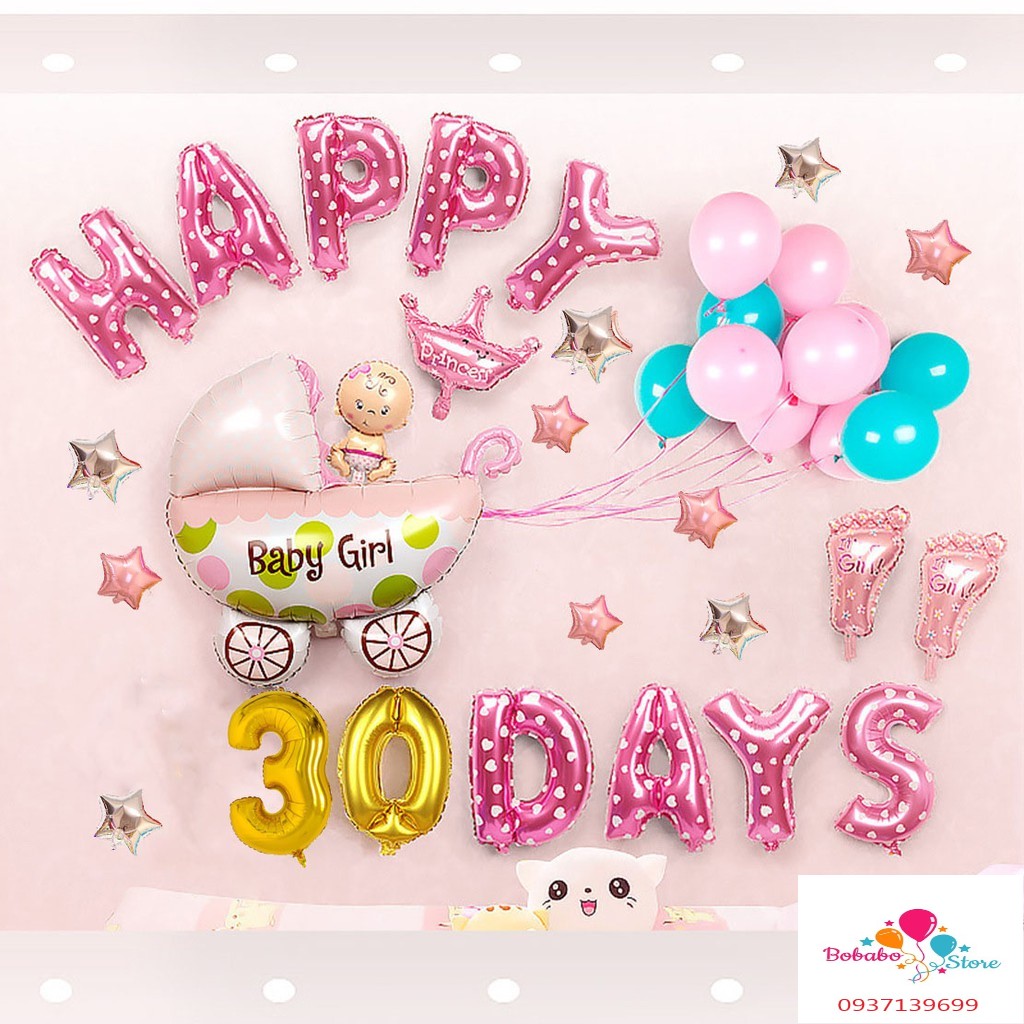 Set bong bóng phụ kiện trang trí tiệc đầy tháng, full month, happy 30 days cho bé trai bé gái - BOBABO