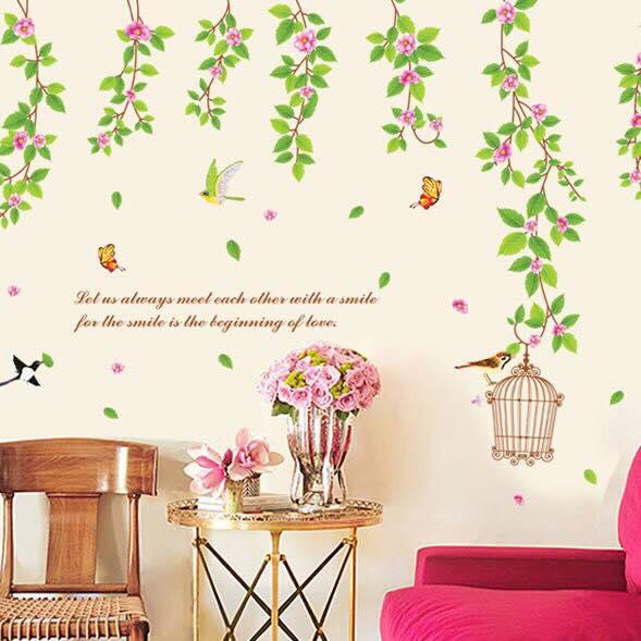 Decal dán tường mẫu dây leo hoa lá xanh kết hợp lồng chim trang trí
