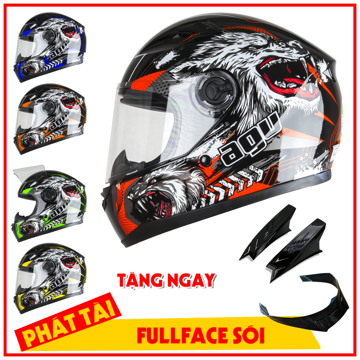 Mũ Bảo Hiểm Fullface AGU Tem Sói + Sừng + Đuôi Gió - Bảo Hành Chính Hãng 24 Tháng