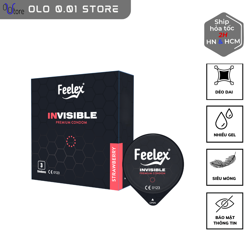 Bao cao su Feelex Invisible siêu mỏng, nhiều gel bôi trơn, hương dâu - Hộp 03 bcs