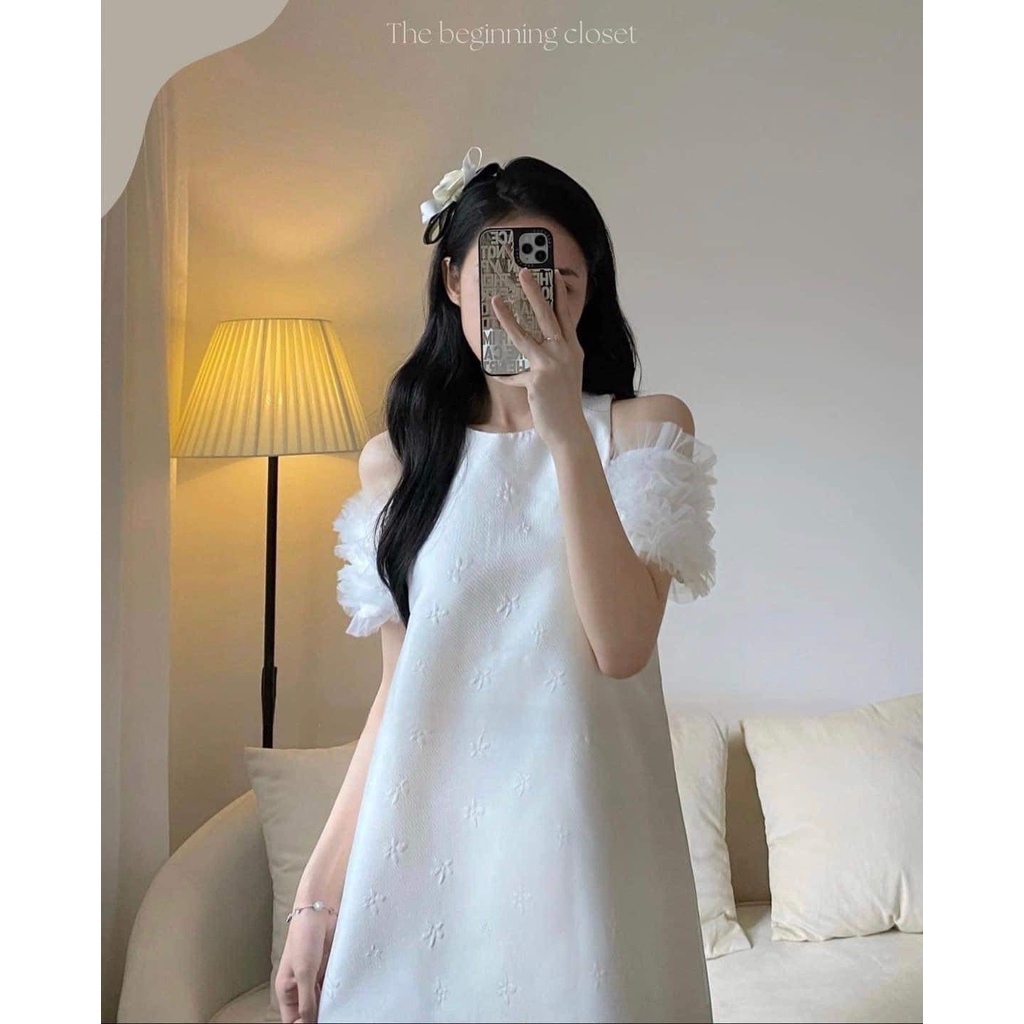 Váy gấm hoa nổi tay bèo tiểu thư dáng suông V06