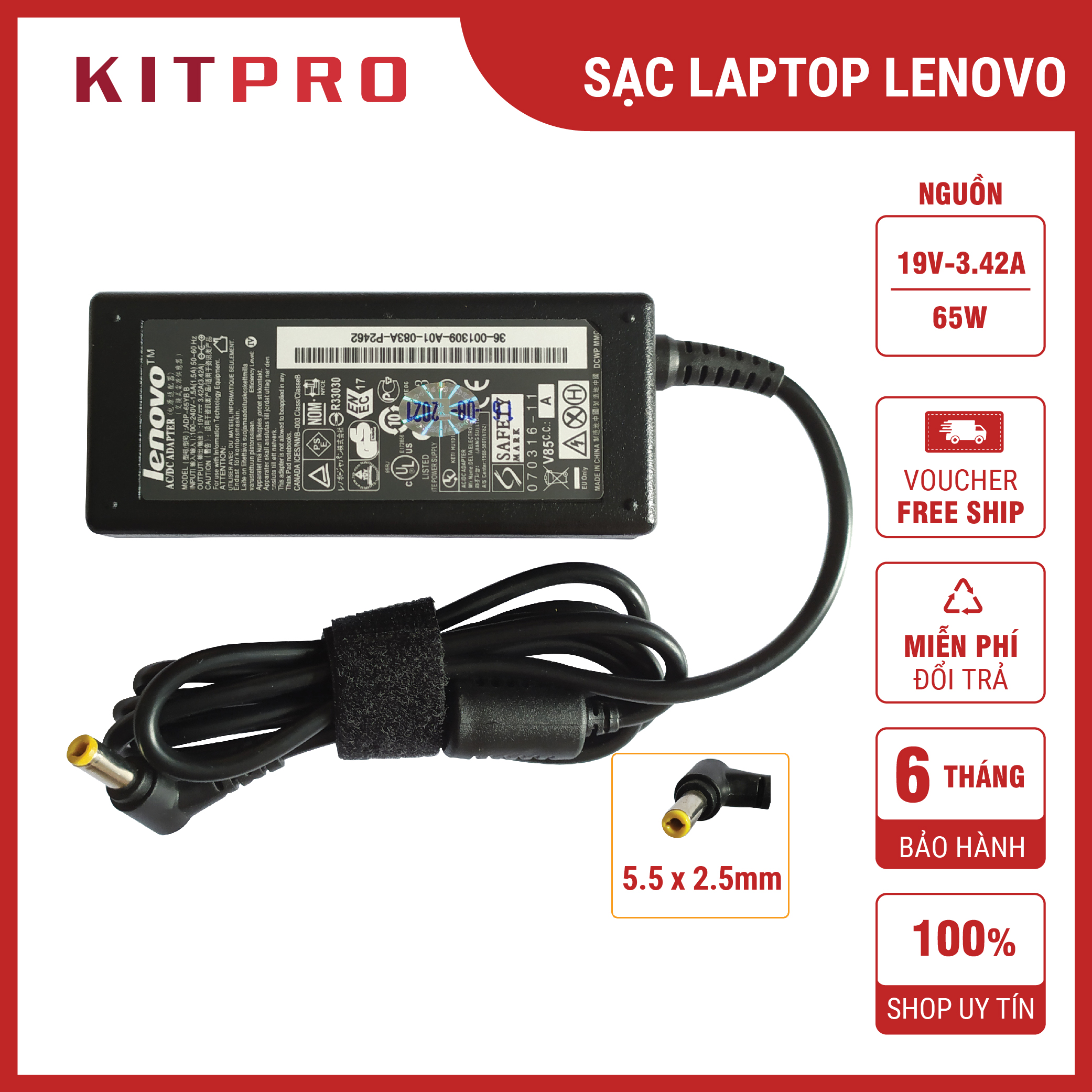 Sạc laptop LENOVO 19V 3.42A / 4.74A đầu tròn 5.5mm x 2.5mm dây sạc cho laptop Lenovo tặng kèm dây nguồn ship hỏa tốc KITPRO