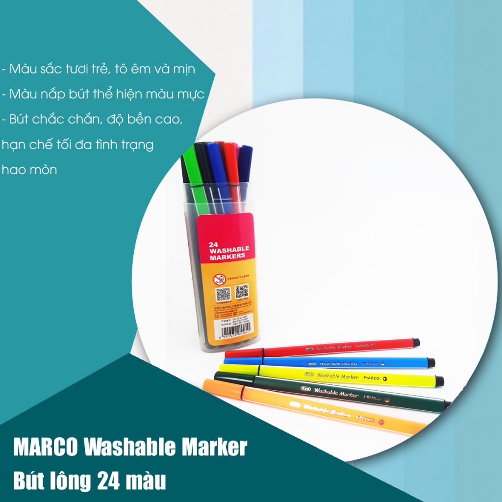 MARCO Washable Marker Bút lông 24 màu tươi sáng - Trường Hưng Store