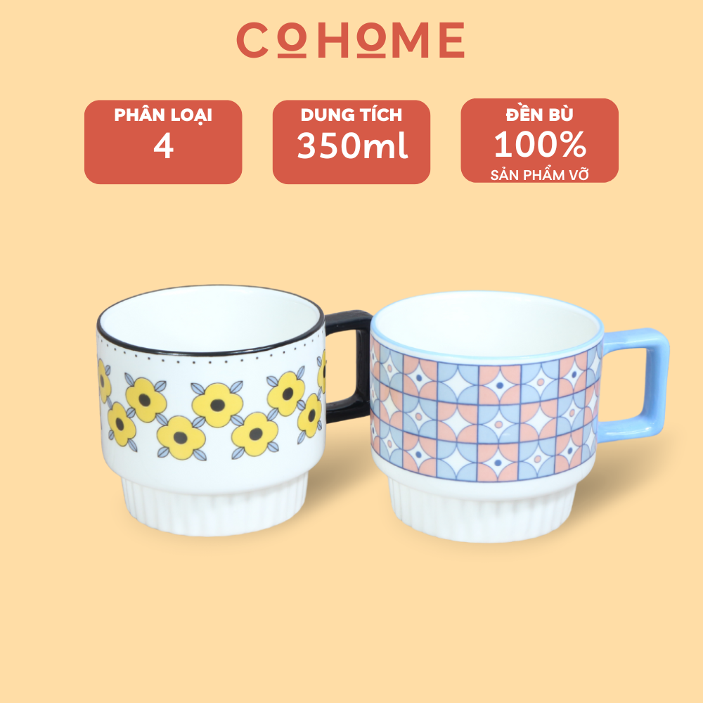 Cốc sứ uống nước 350ml cao cấp phong cách độc đáo, ly cốc sứ uống cafe có quai cầm