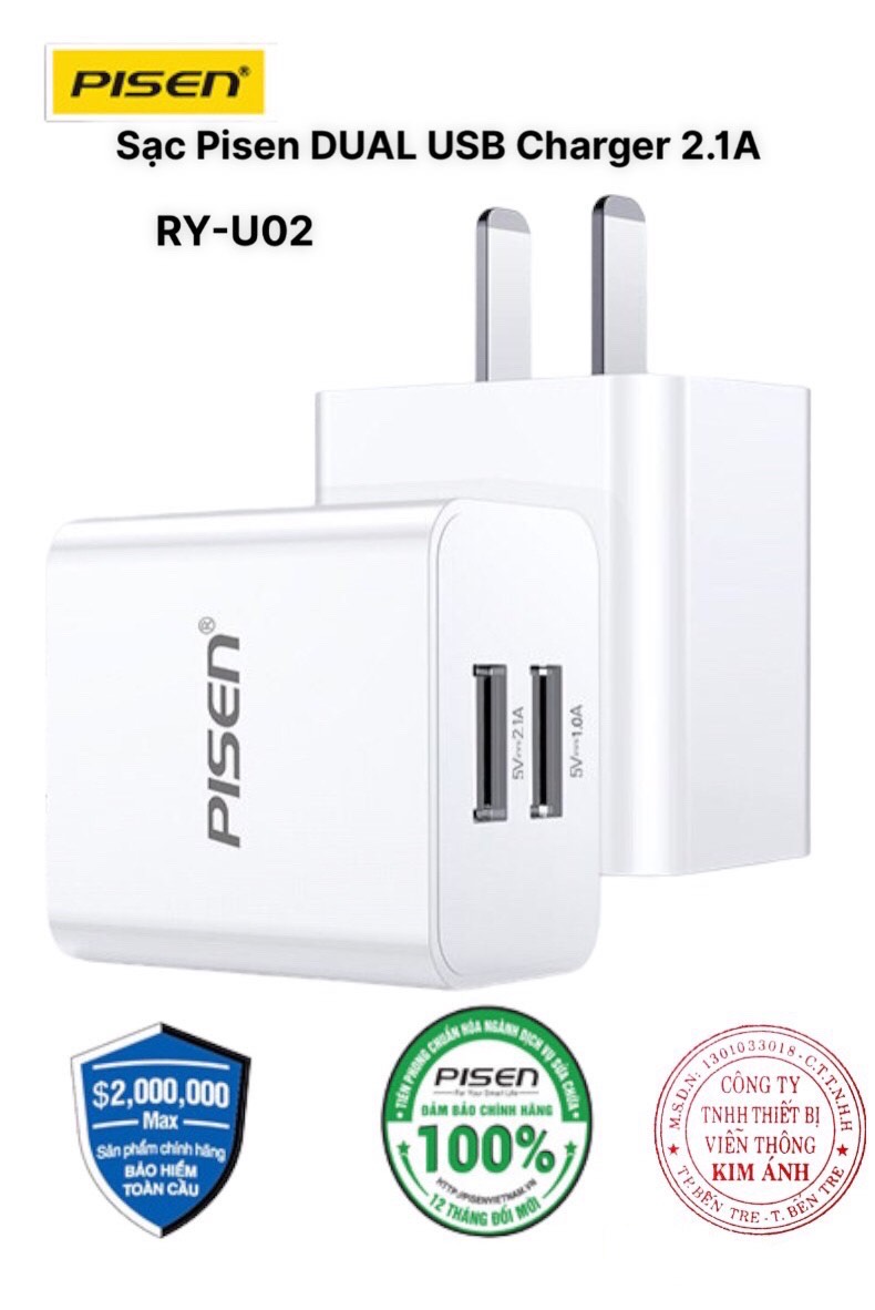 Cóc sạc PISEN DUAL USB Charger 2.1A - RY-U02 2 cổng sạc - Hàng chính hãng