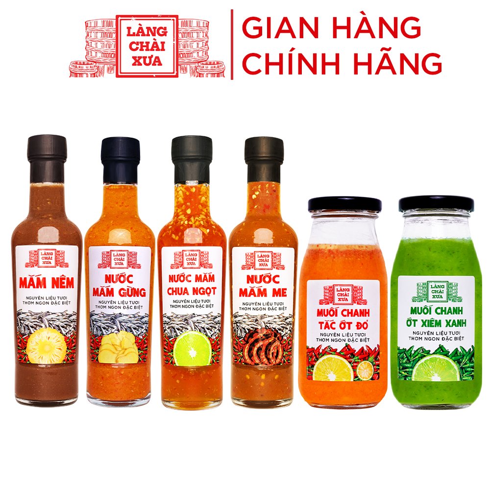 Bộ 6 chai nước chấm Làng Chài Xưa 300g muối ớt xanh, muối ớt đỏ, nước mắm chua ngọt, nước mắm gừng, nước mắm me, mắm nêm