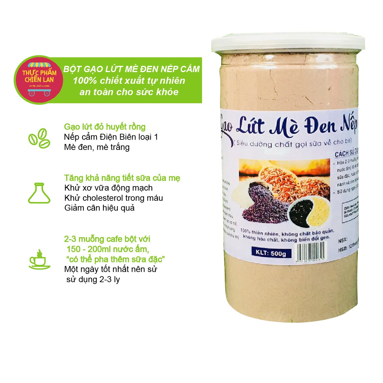 Bột Gạo Lứt Mè Đen Nếp Cẩm Giảm Cân, Lợi Sữa, Tốt Cho Sức Khỏe Hộp 500G