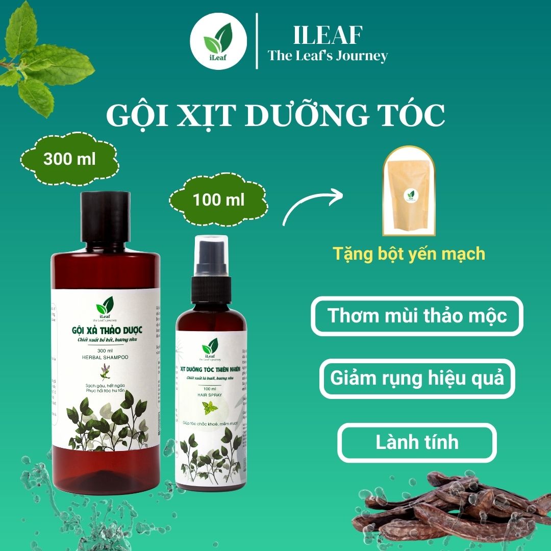 Combo Gội xả thảo dược 300ml và Xịt dưỡng tóc thiên nhiên 100ml ILEAF chăm sóc tóc toàn diện