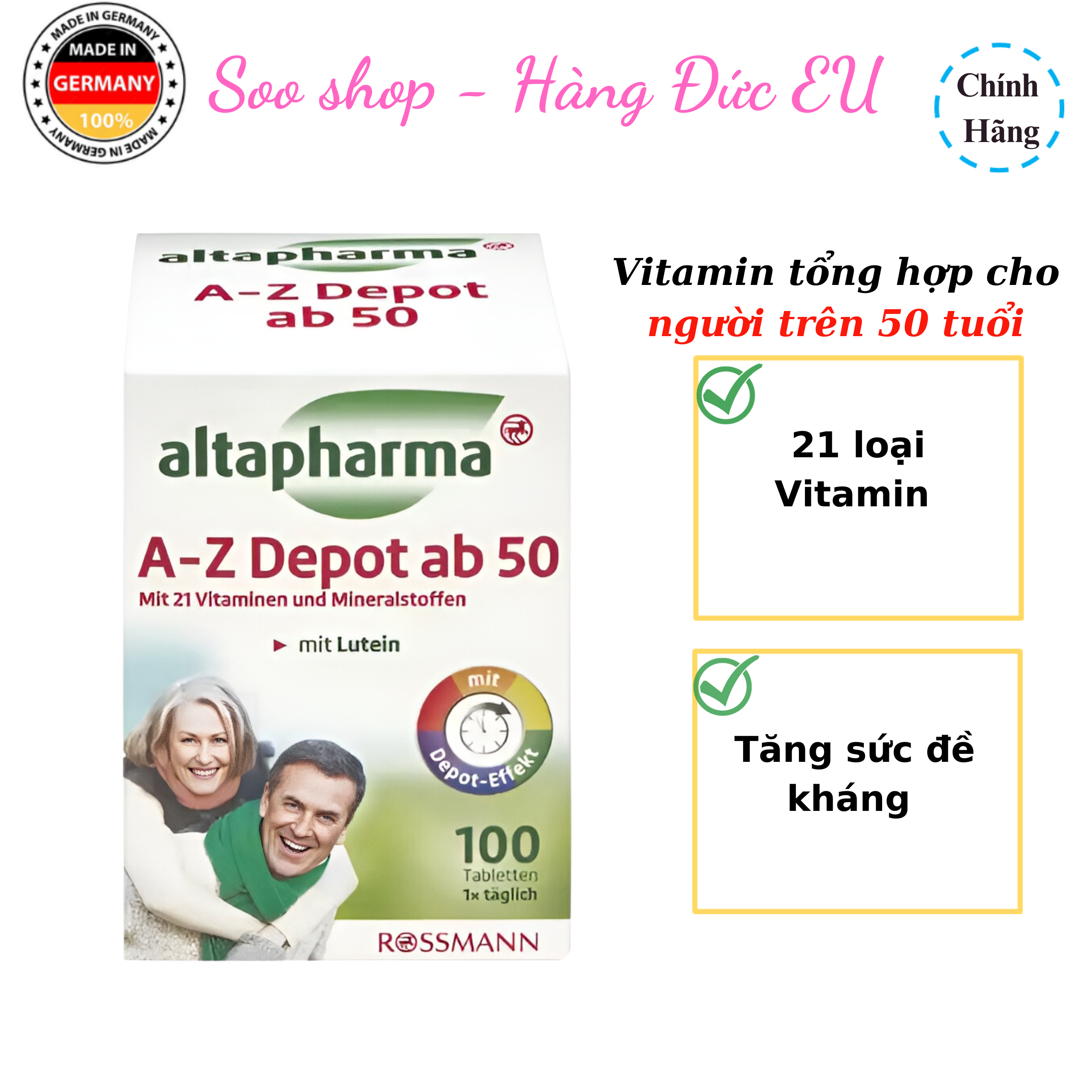 Viên uống bổ sung vitamin khoáng chất A-Z ab 50 Altapharma hỗ trợ sức khỏe tuổi trung niên hàng Đức, hộp 100V