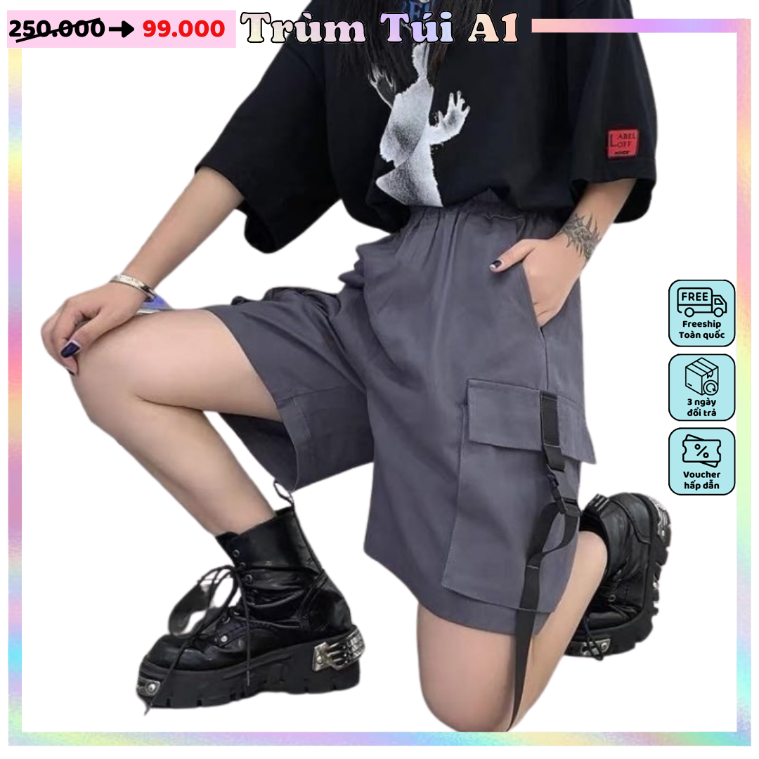 Quần short kaki túi hộp unisex Phối dây Quần Short Kaki Nam Nữ Basic Unisex co dãn màu đen và be trơn