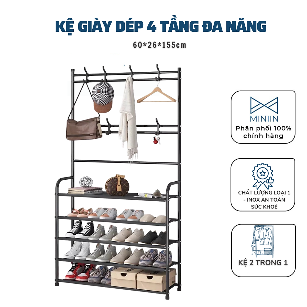 Kệ để giày dép chữ L 2 màu đen trắng Kệ đựng đồ đa năng thiết kế treo đồ đa năng lắp ghép 4 tầng tặng kèm 8 móc treo chất liệu thép chịu lực tốt kệ đựng giày dép thông minh thiết kế hiện đại decor phòng xinh