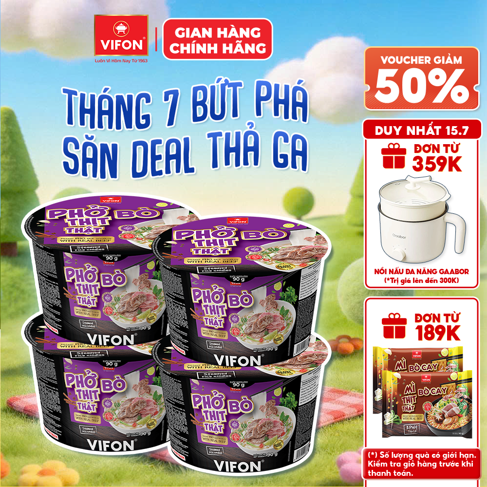 [Voucher 28% đơn từ 400K] Set 4 Tô Phở Bò/ Gà Thịt Thật VIFON 90g Có Gói Thịt Thật Dạng Tô Tiện Lợi