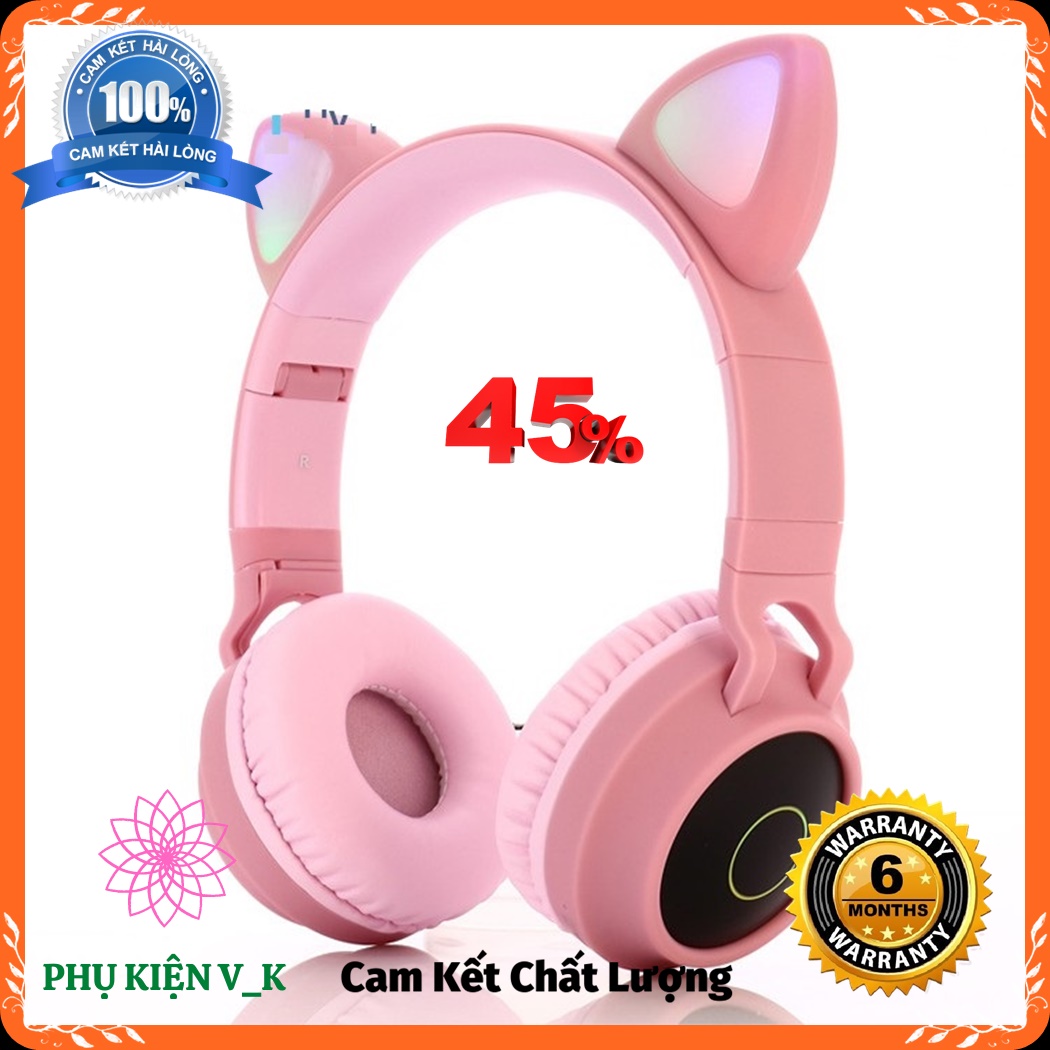 Tai Nghe Bluetooth 5.0/Tai Nghe Mèo Dễ Thương Màu Hồng Cho Nữ, Tai Nghe Âm Thanh Nổi Nhấp Nháy 3 Màu