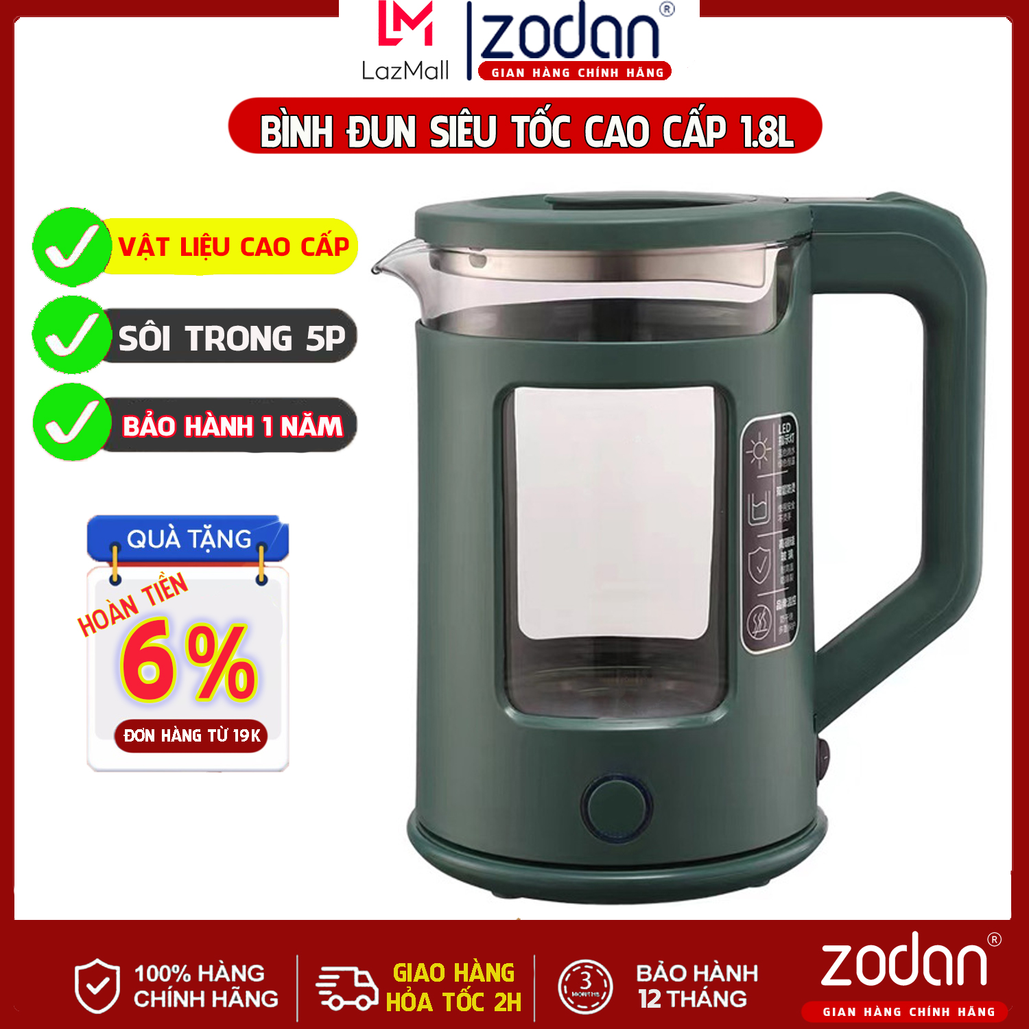 Ấm đun siêu tốc, Bình đun nước thủy tinh siêu tốc 1.8L - Bảo Hành 1 Năm - Ấm đun  siêu tốc- An toàn 