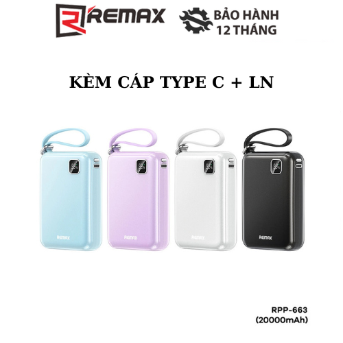 Pin sạc dự phòng remax rpp-663 20000mah 1 cổng usb, 1 cổng lning, 1 cổng type c và dây cáp type c+ lning sạc nhanh pd qc3.0 max 22.5w