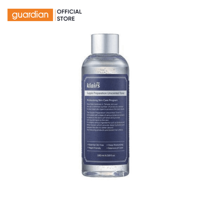 Nước Hoa Hồng Không Mùi Dưỡng Ẩm & Làm Mềm Dear Klairs Supple Preparation Unscented Guardian 180Ml