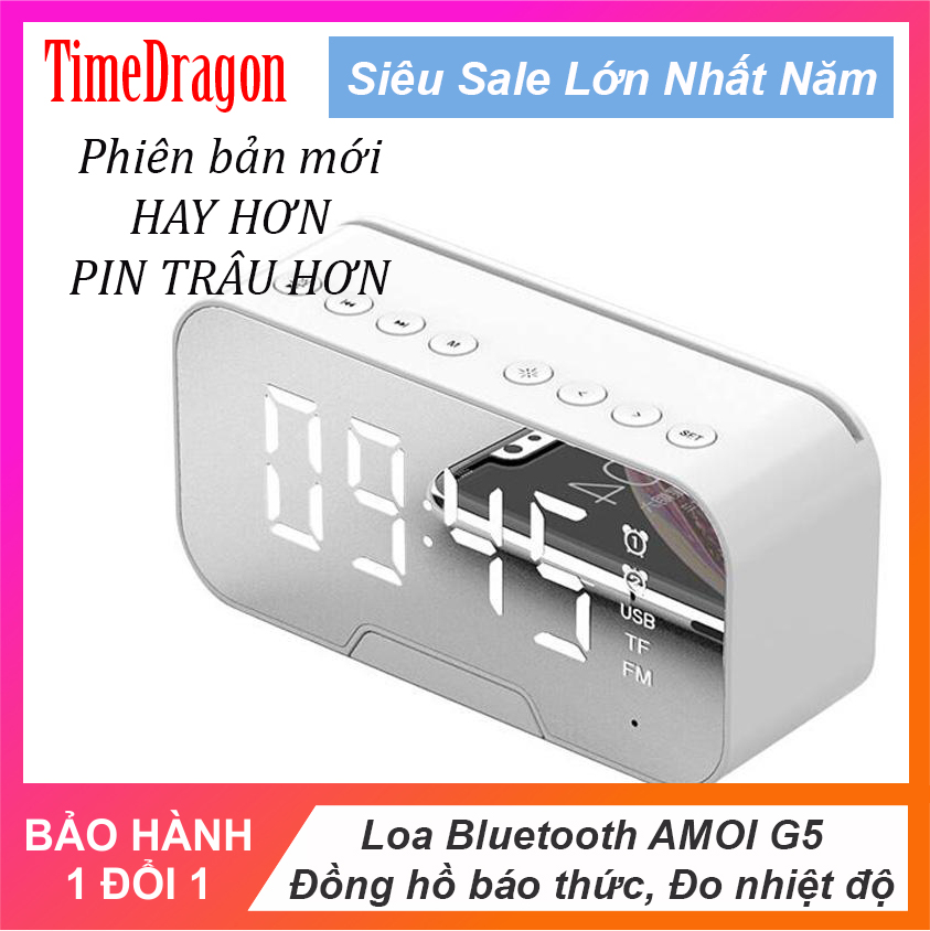 Loa bluetooth không dây Yoking G5 mini, tích hợp đồng hồ báo thức, đài FM, mặt kính tráng gương có màn hình Led - Hàng nhập khẩu
