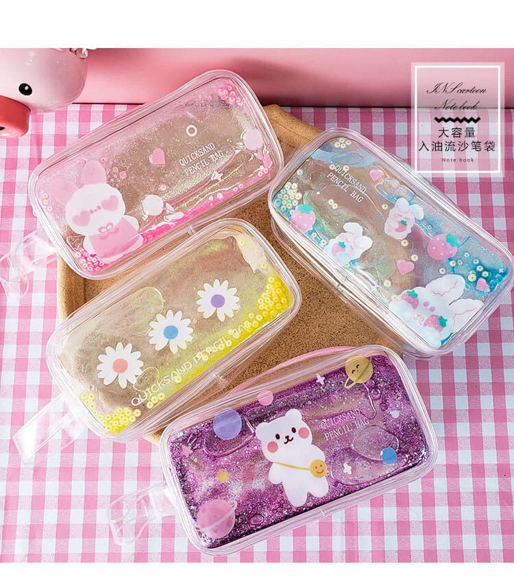 Bóp viết túi bút trong suốt nhũ kim tuyến Gấu Trắng chất liệu PU kích thước 20x10 cm đựng được nhiều bút viết - SakuraShop