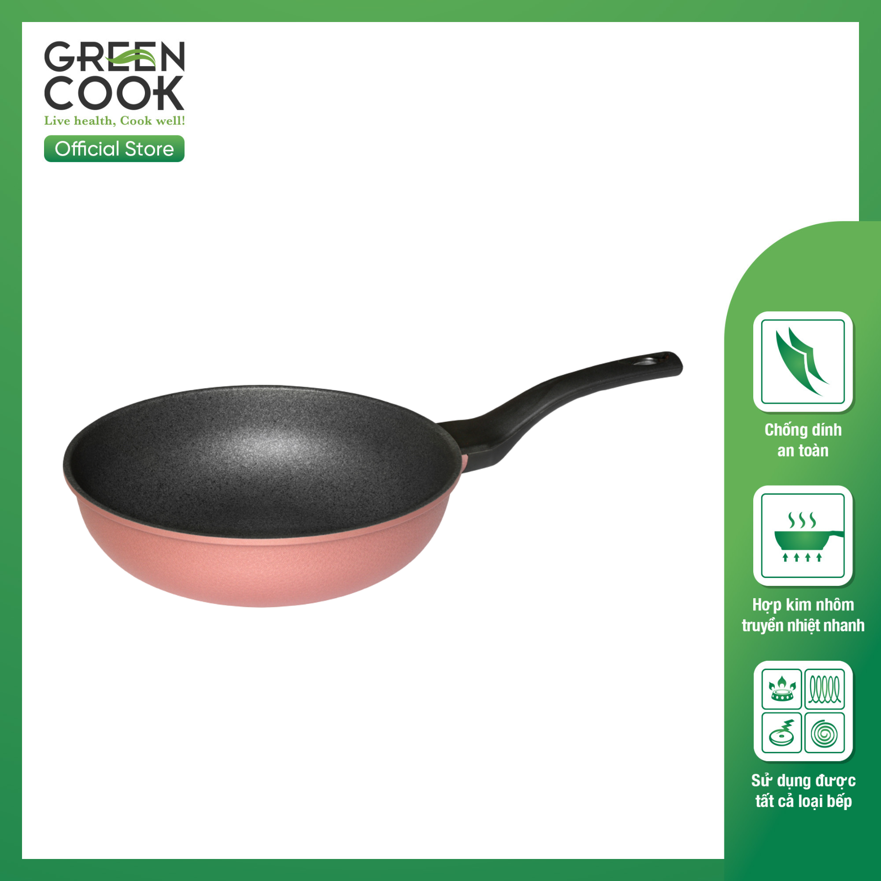 Chảo đúc vân đá đáy từ sâu lòng GCP05 Green Cook có 4 size, 20cm, 24cm, 26cm và 30cm, dùng mọi loại bếp - Hàng chính hãng greencook