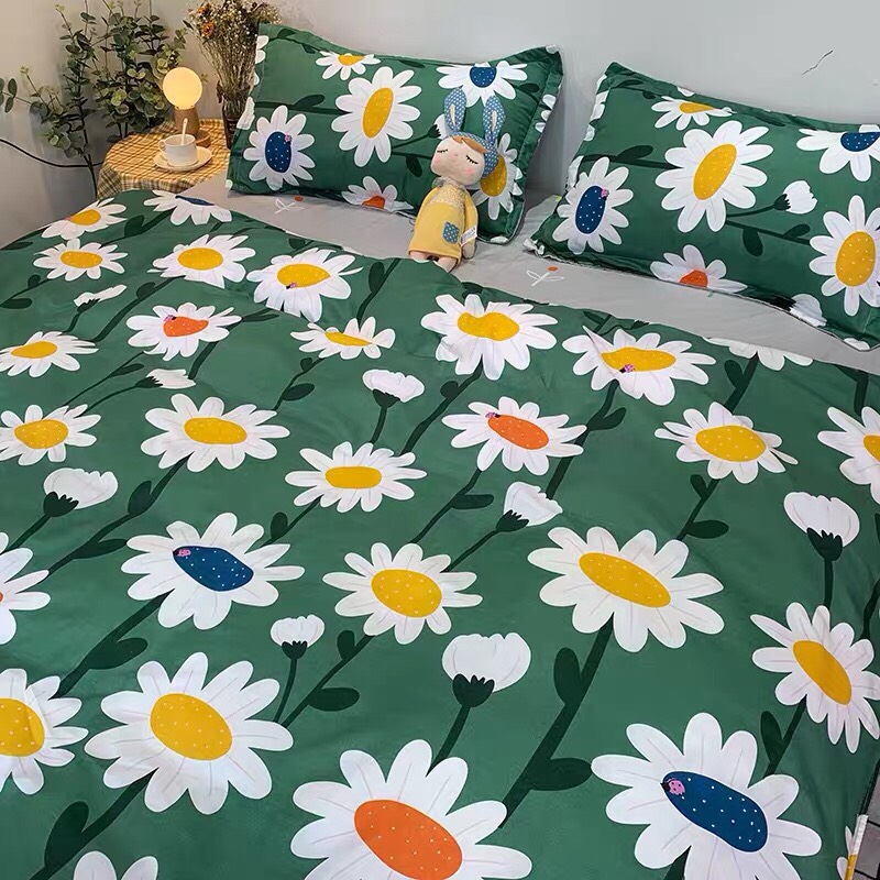 Trọn Bộ 4 Món Chăn Ga Gối Cotton Poly Nhập Mẫu HOA CÚC NHÍ XANH