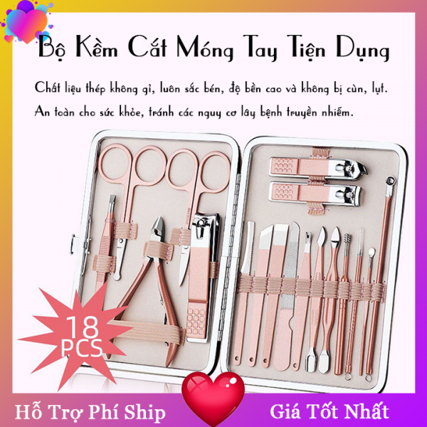 Bộ kìm bấm móng tay, móng chân, kéo cắt tỉa lông mày đa năng 18 chi tiết kèm hộp đựng bằng da màu hồng siêu xinh cho bạn gái - Bo kiem bam mong tay 18 mon loai to,Bộ bấm móng,bấm móng tay,bấm móng chân