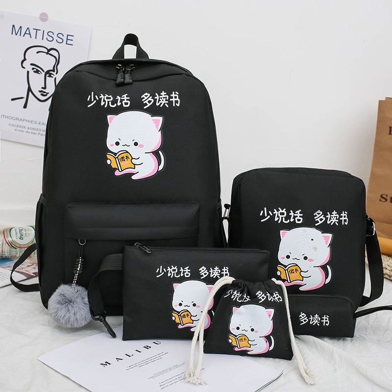 Balo combo set 4 món đi học, đi du lịch mèo đọc sách