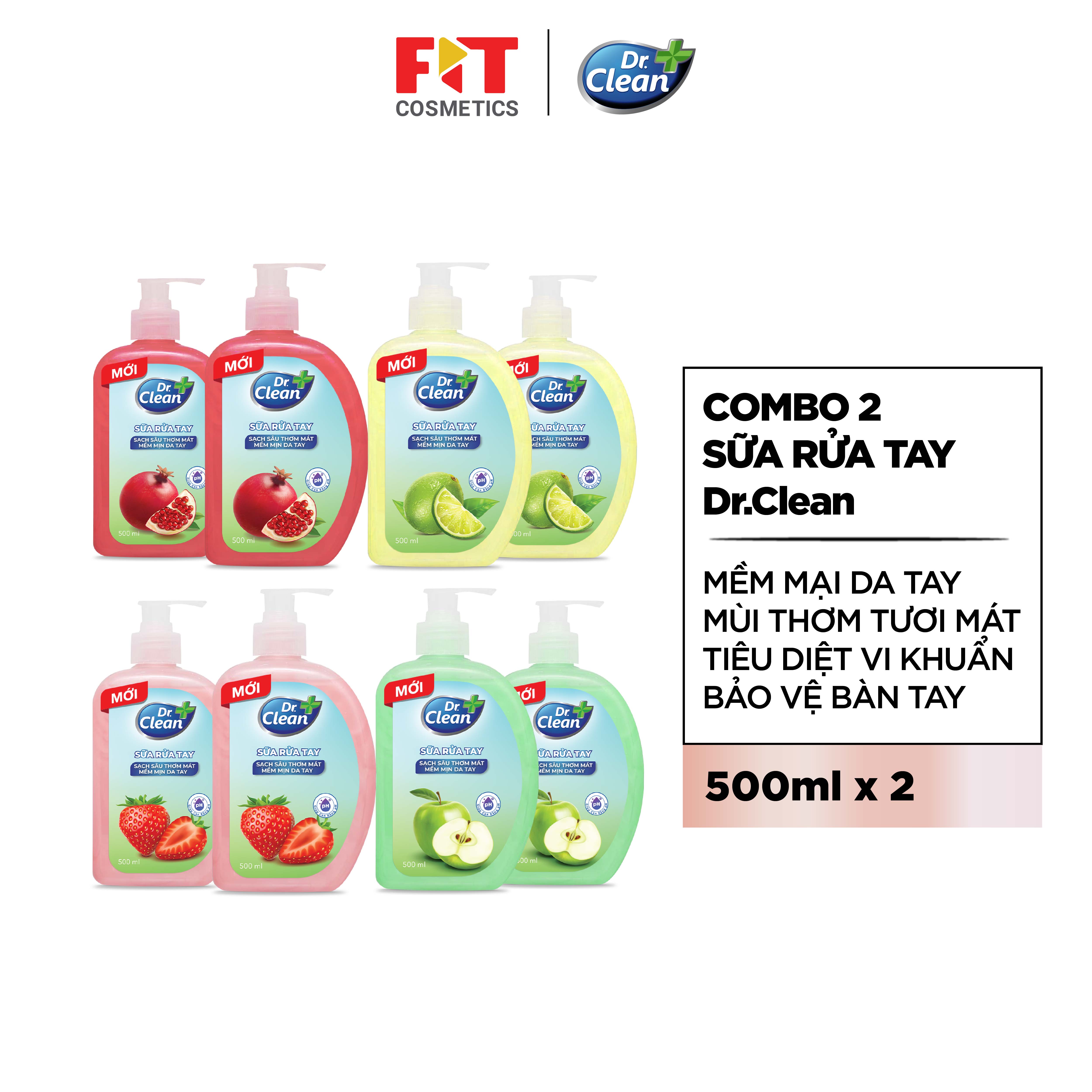 Combo 2 sữa rửa tay Dr.Clean sạch khuẩn mềm dịu da tay hương trái cây thanh mát 500ml/chai